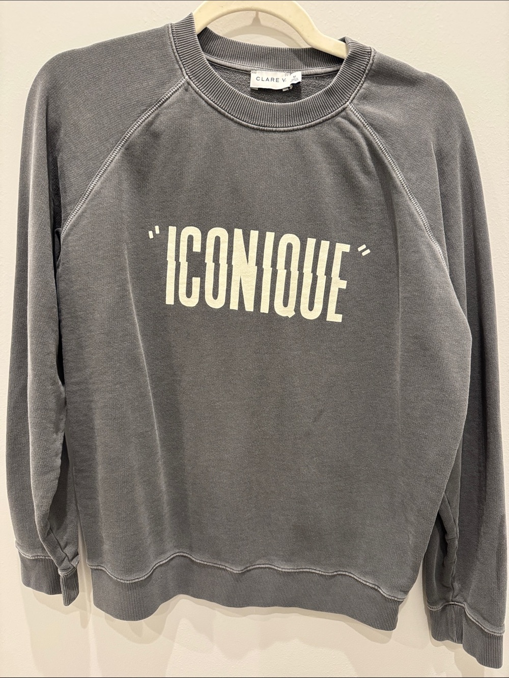 Clare V Iconique Crewneck Sweatshirt in Gray with Cream Graphic Size M